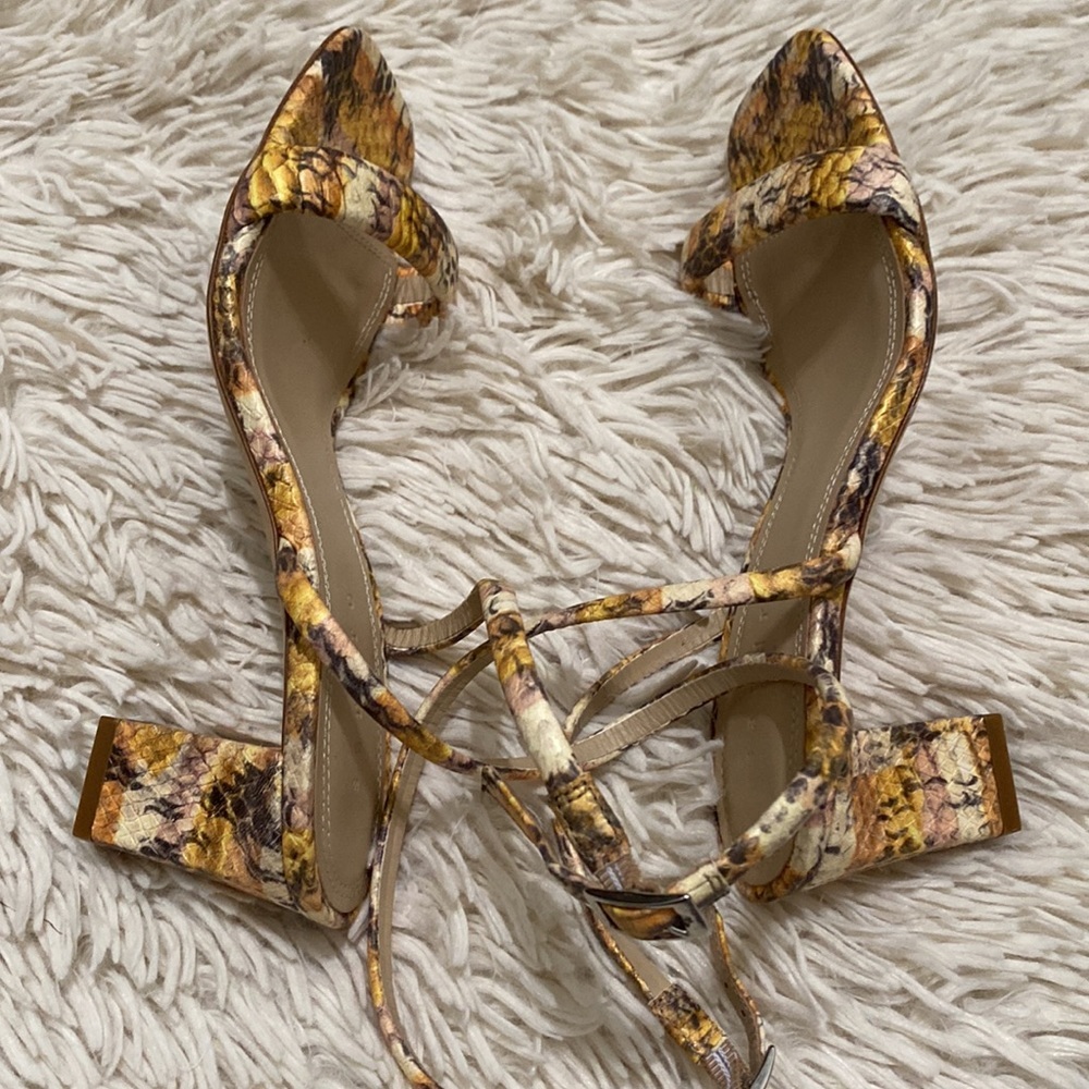 Sandro Ankle wrap around Maeva Yellow Brown snake-effect leather sandal 8 Animal - Picture 8 of 11